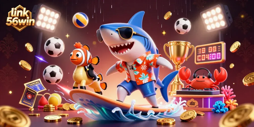 Surf the thrill with link 56win | A vibrant 3D illustration of animated casino and sports-themed characters.