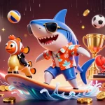 Surf the thrill with link 56win | A vibrant 3D illustration of animated casino and sports-themed characters.