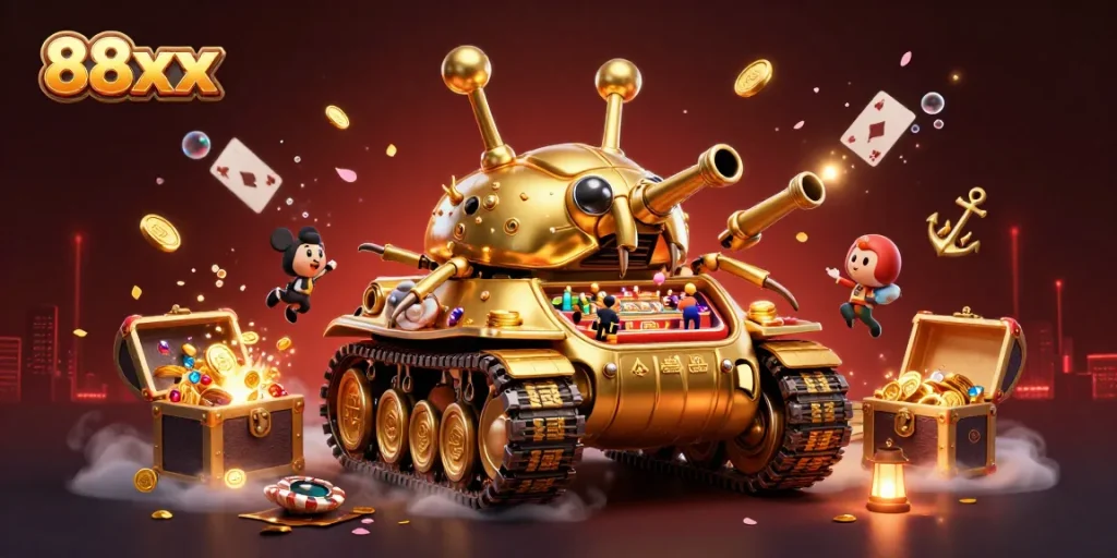 Experience thrilling gameplay with 88xx in a vibrant, dynamic casino setting featuring a golden tank and floating treasures.