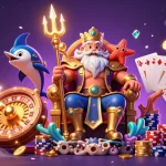 Spin to win at o8 with a vibrant 3D casino scene featuring Neptune and treasures!