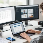 Download WPS Office shown on a modern workspace desk with laptop and dual monitors enhancing productivity.