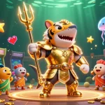 Spin to win with ok9 style as a golden gladiatorial shark battles in an underwater arena.