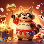 Experience a vibrant and engaging scene of okwintv featuring cheerful raccoon and cats amidst rich gambling elements.