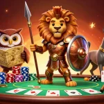 Join the thrilling ek333 poker table with a Spartan lion and friends amidst rich casino action.