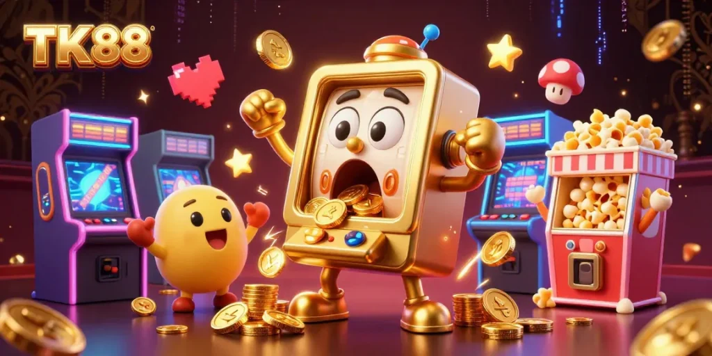 TK 88 jackpots with a vibrant 3D slot machine and cheering characters illustrating fun gaming action.