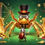 LL WIN illustration featuring a golden tarantula and beetle knight in a vibrant casino scene
