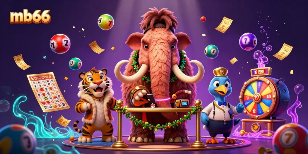 mb66 casino scene with a woolly mammoth bouncer checking IDs and colorful lottery elements