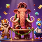 mb66 casino scene with a woolly mammoth bouncer checking IDs and colorful lottery elements