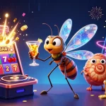 A lively LC88 casino scene featuring a resurrected mosquito mascot, a trilobite DJ, and an ammonite roulette wheel amidst vibrant gaming elements.