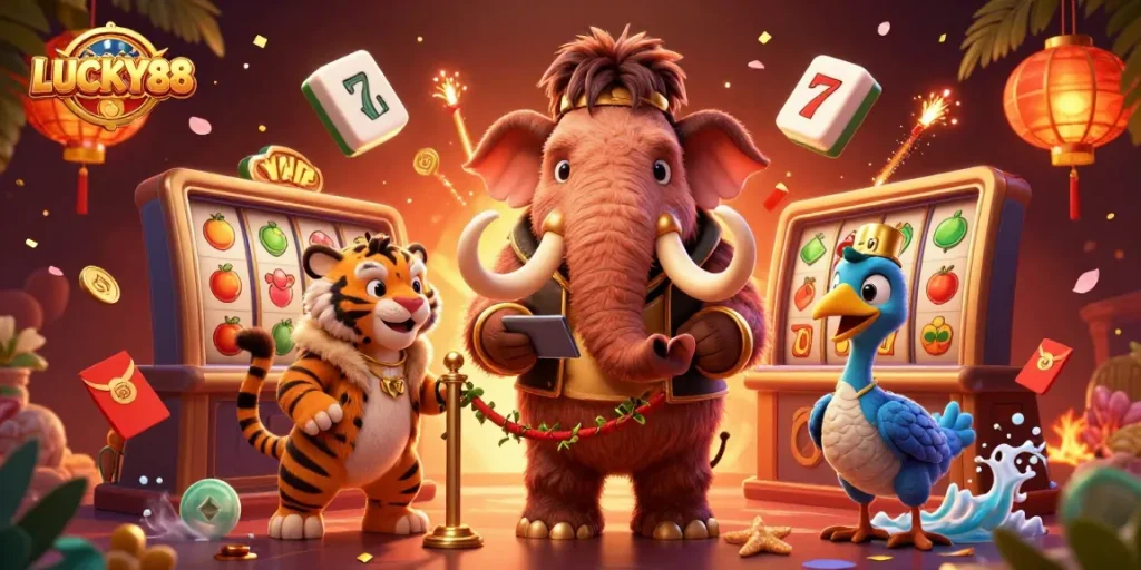 Experience the vibrant energy of LUCKY88 casino with lively characters and gaming elements.