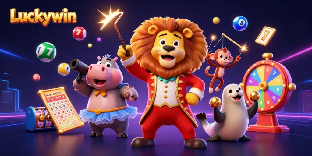 Experience thrilling games at Luckywin, featuring vibrant party elements with animated characters and exciting casino items.