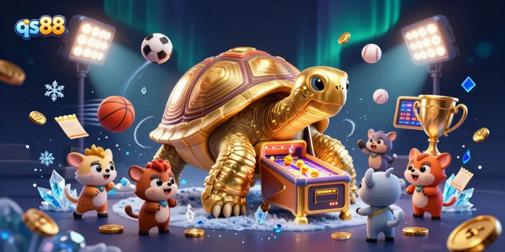Experience the excitement with qs88's thrilling gaming atmosphere, showcasing colorful sports elements and a unique pinball tortoise.