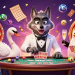 DABET showcases a vibrant casino scene with a cartoon wolf and swan dealing cards, featuring colorful lottery elements.