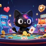 Engage with 98wincom through a vivid cosmic casino scene featuring a playful black hole cat and colorful game machines.
