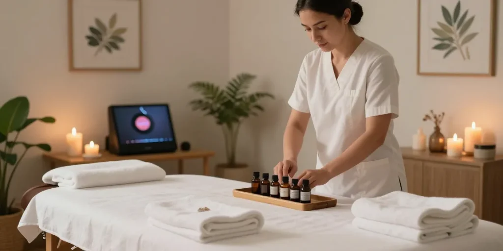 안양출장안마 massage therapist prepares a calming room with essential oils and soft lighting.
