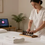 안양출장안마 massage therapist prepares a calming room with essential oils and soft lighting.