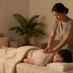 Enjoy a serene home massage experience with 영등포출장마사지, featuring a professional therapist creating a calming atmosphere.