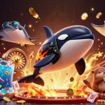 DV88 presents a dynamic casino scene with an orca biker and coin-holding otters in action.