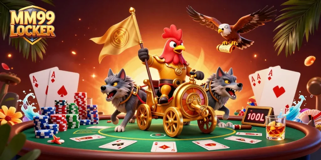 Experience the thrill of MM99 LOCKER with a dynamic casino battle scene featuring a rooster warlord.
