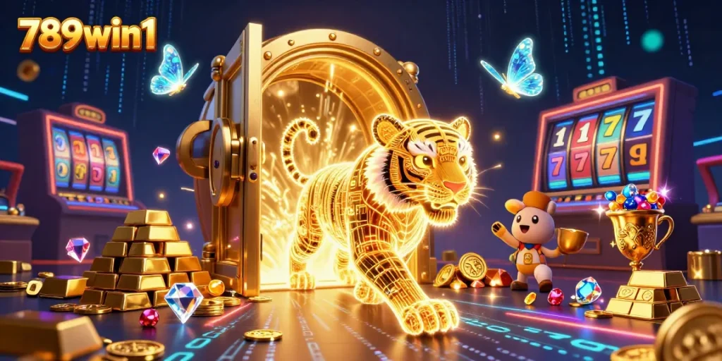 Engage with 789win1 in an ultra-detailed 3D casino world featuring a neon tiger and treasure.