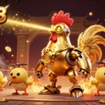 Engage in thrilling gameplay with HD88's dynamic golden rooster robot and baby chick drones amidst a vibrant casino atmosphere.